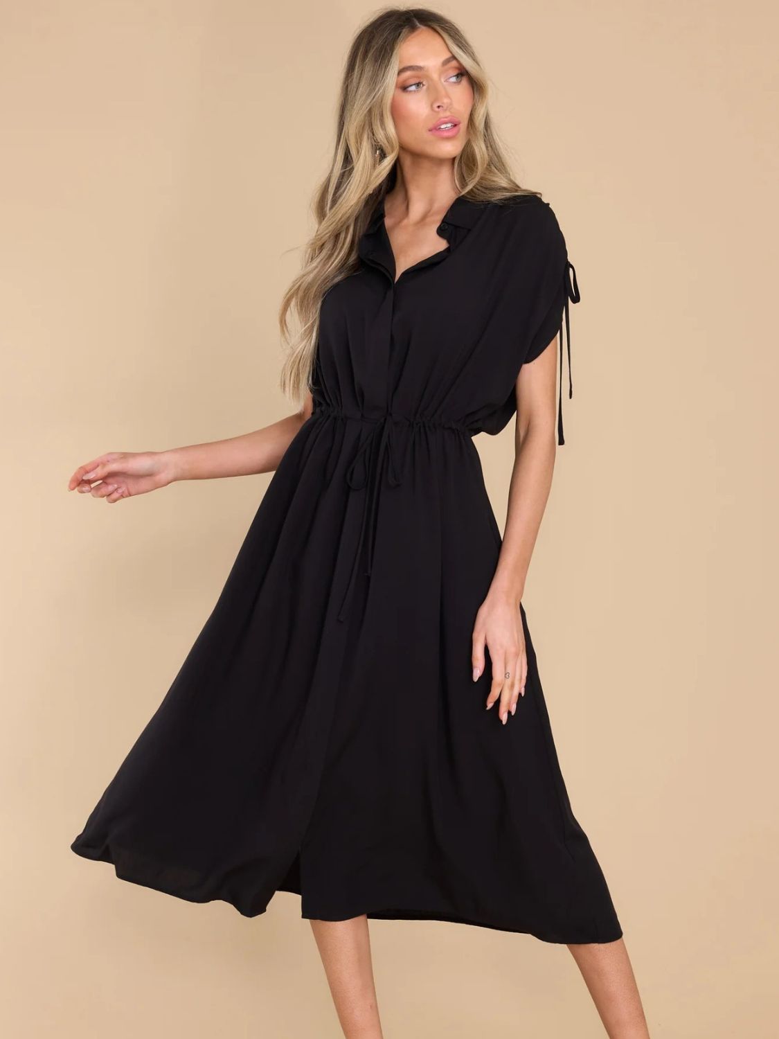 Drawstring Collared Neck Short Sleeve Midi Dress Trendsi