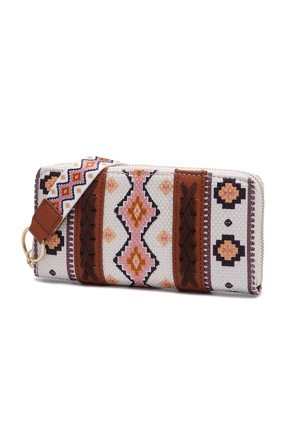 White Geometric Print PU Leather Wristlet Wallet Shewin