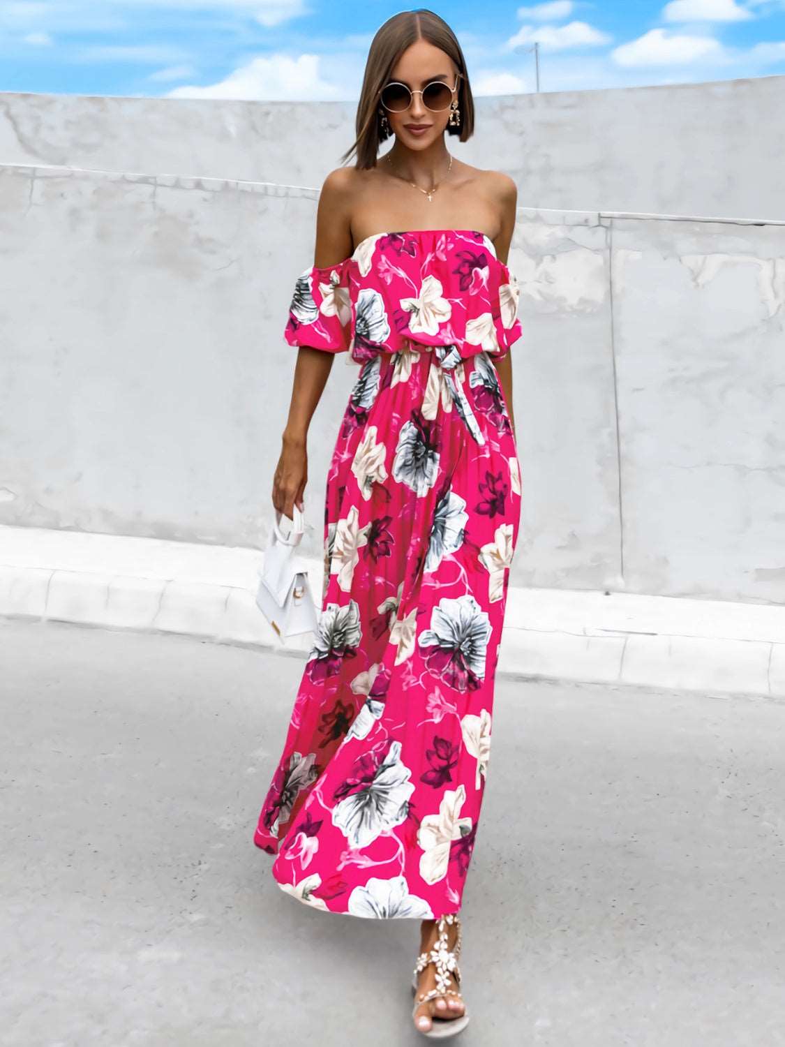 Pleated Floral Off-Shoulder Short Sleeve Midi Dress Trendsi