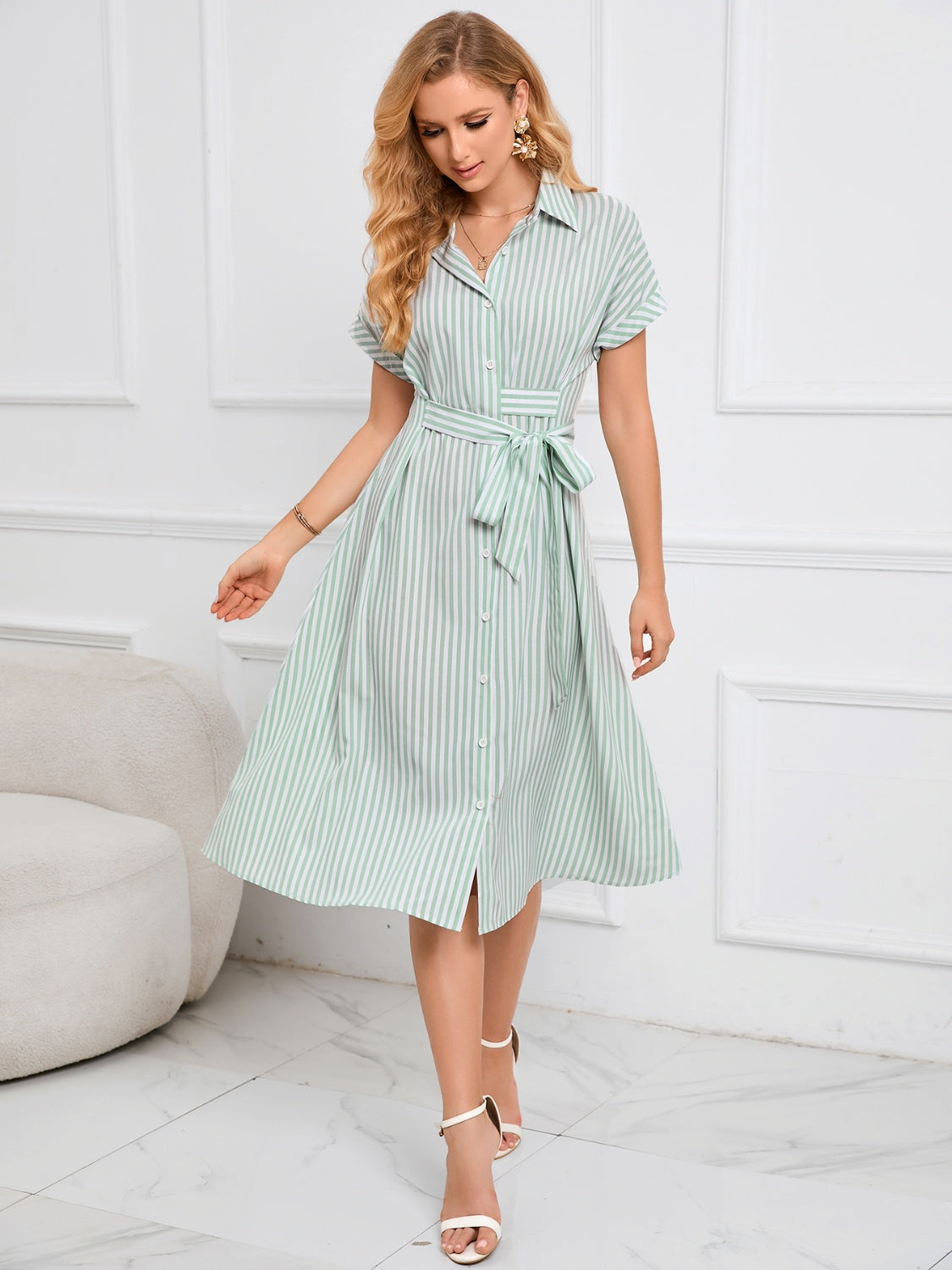 Striped Short Sleeve Tie Waist Midi Dress Trendsi