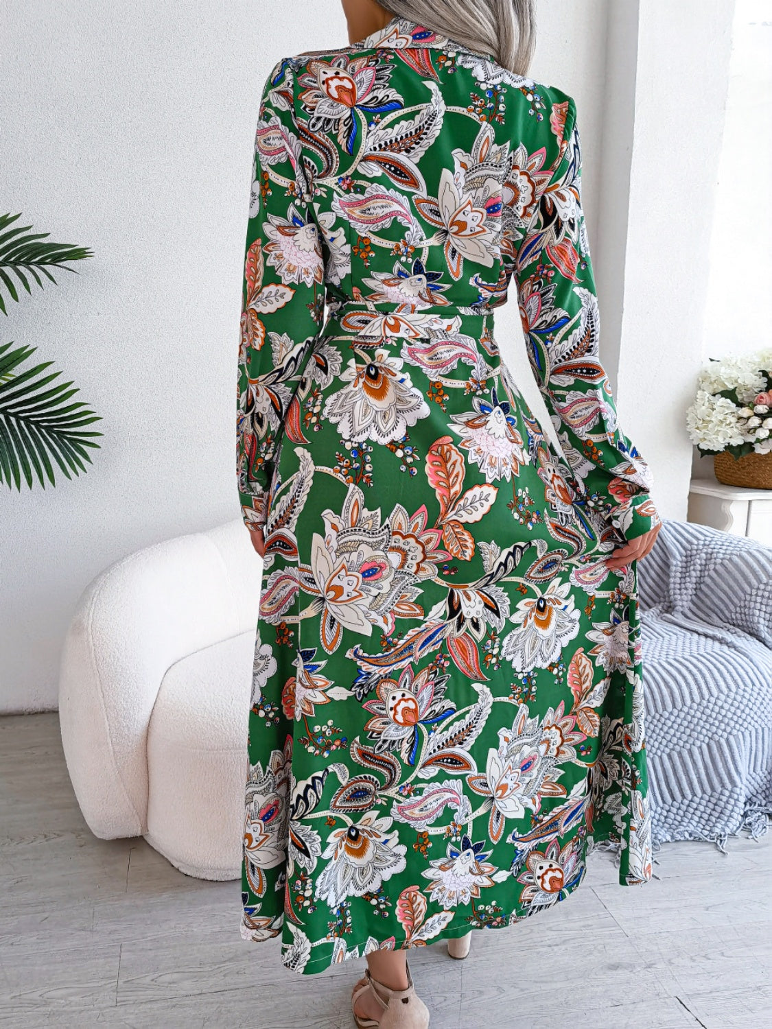 Tied Printed Long Sleeve Midi Dress Trendsi