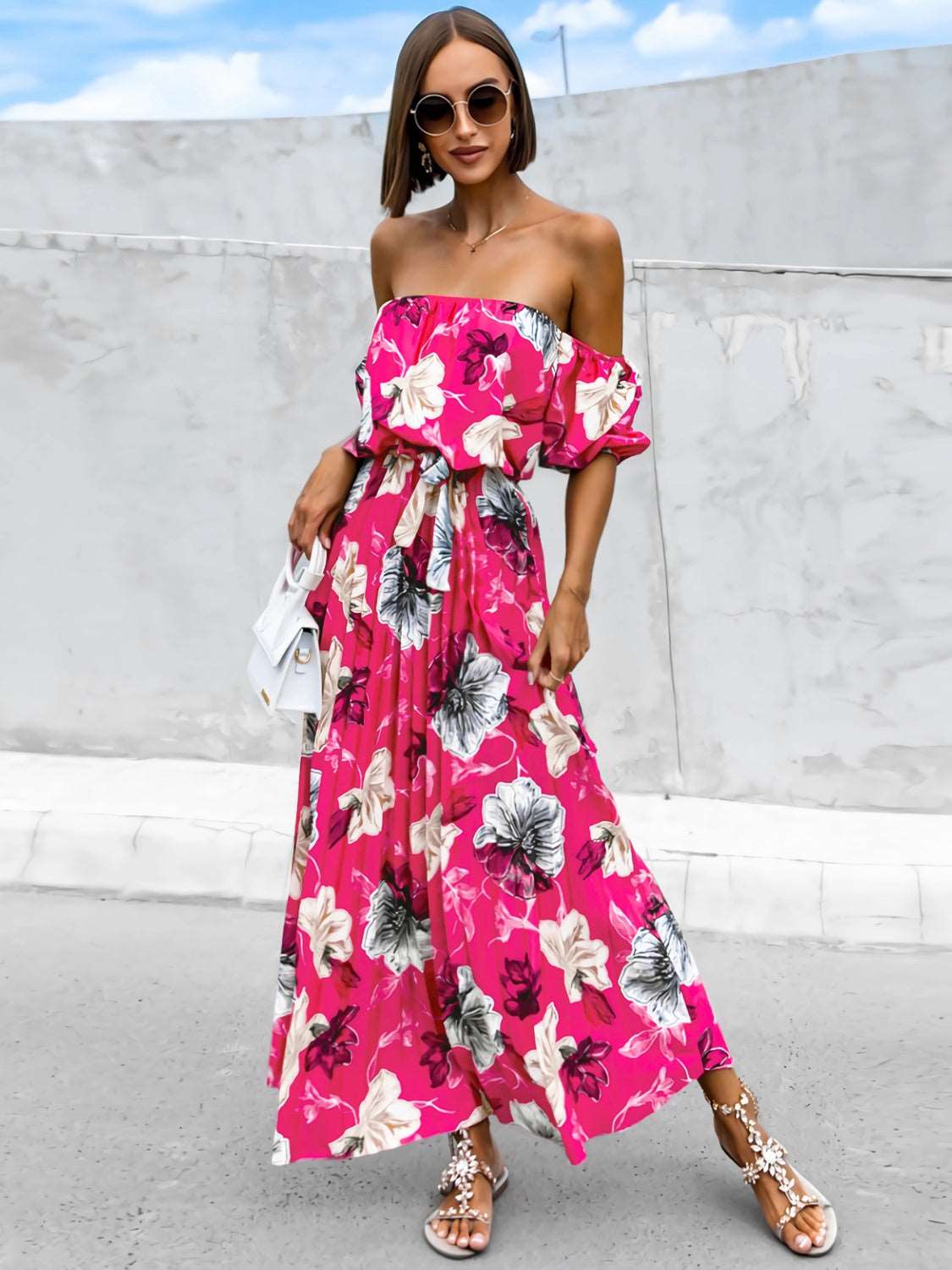 Pleated Floral Off-Shoulder Short Sleeve Midi Dress Trendsi