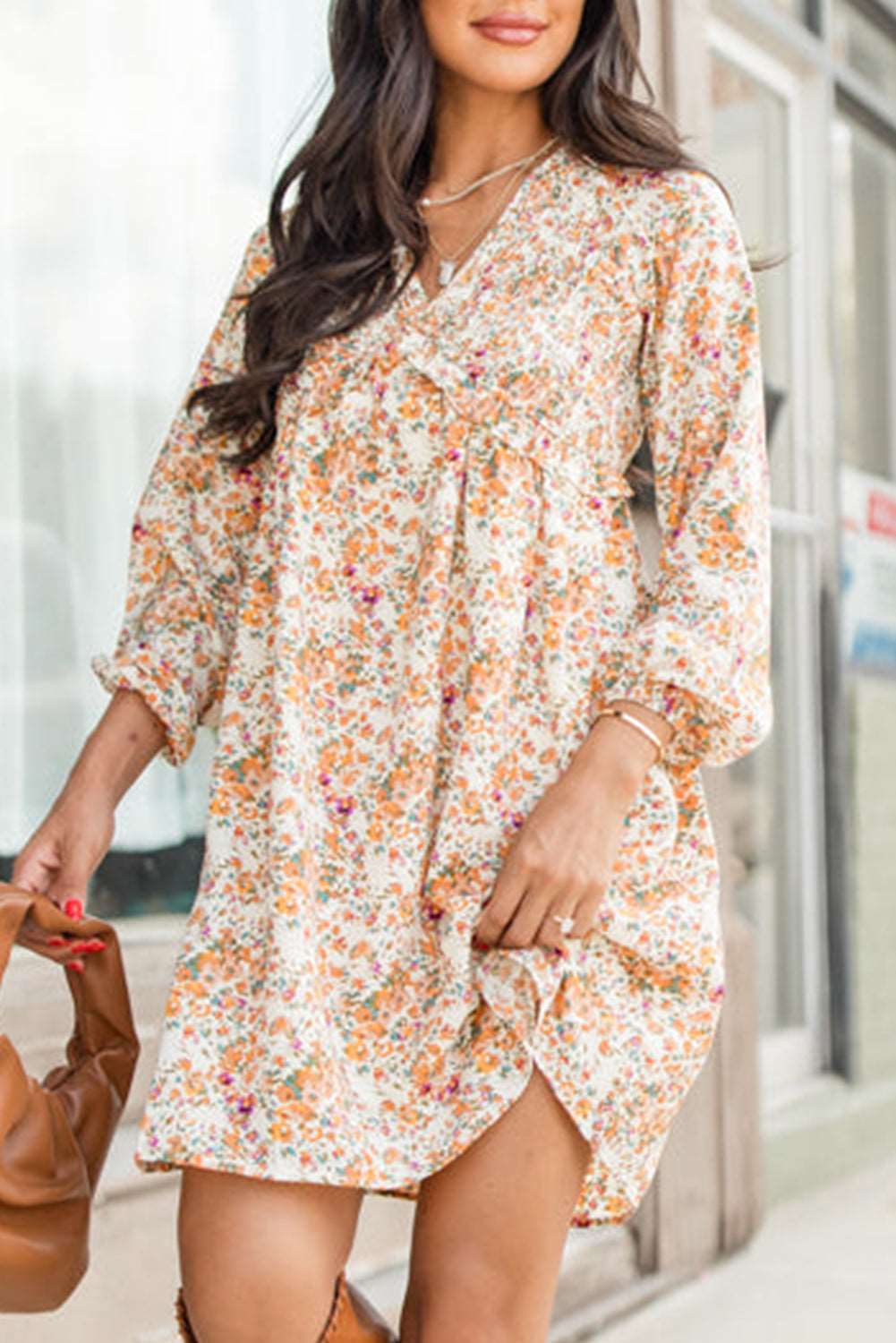 Yellow Boho Floral V Neck Ruffled High Waist Long Sleeve Mini Dress Shewin