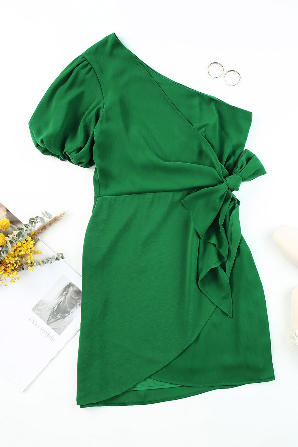 Tied One-Shoulder Puff Sleeve Dress Trendsi