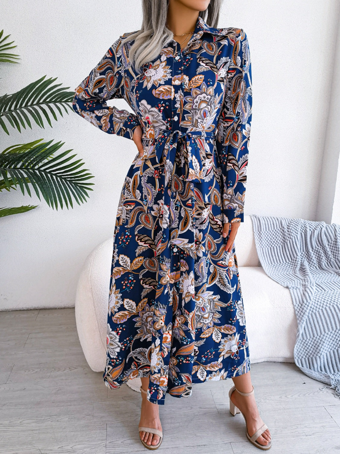 Tied Printed Long Sleeve Midi Dress Trendsi