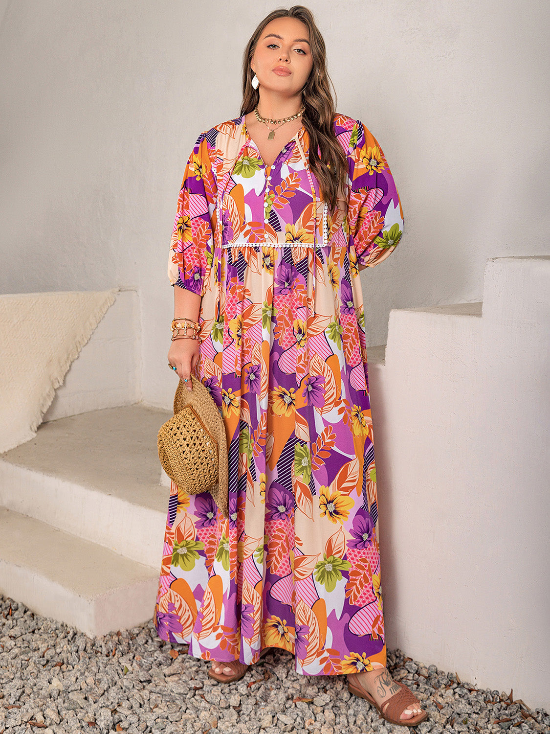 Plus Size Printed Tie Neck Maxi Dress Trendsi