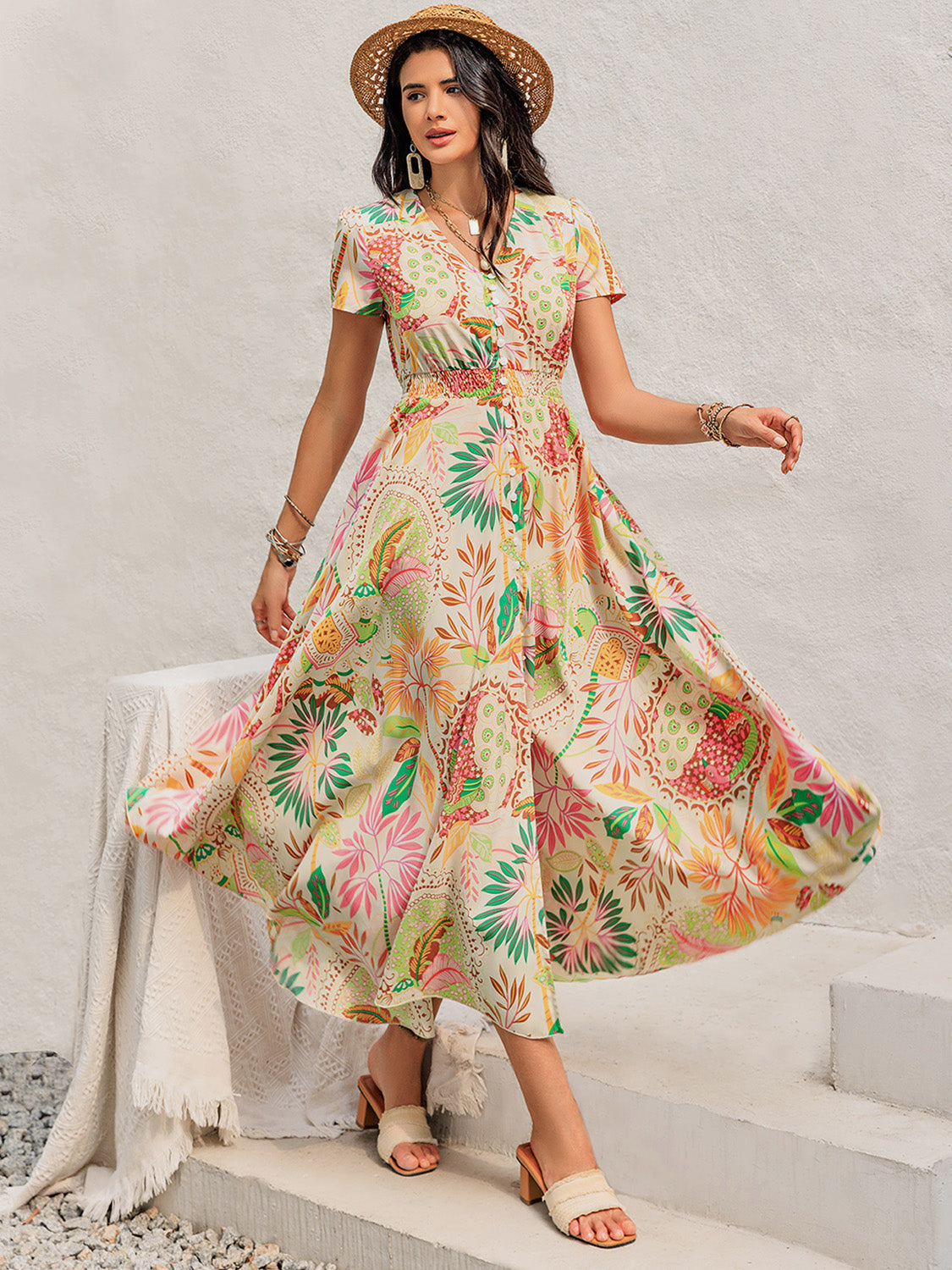 Printed V-Neck Short Sleeve Midi Dress Trendsi