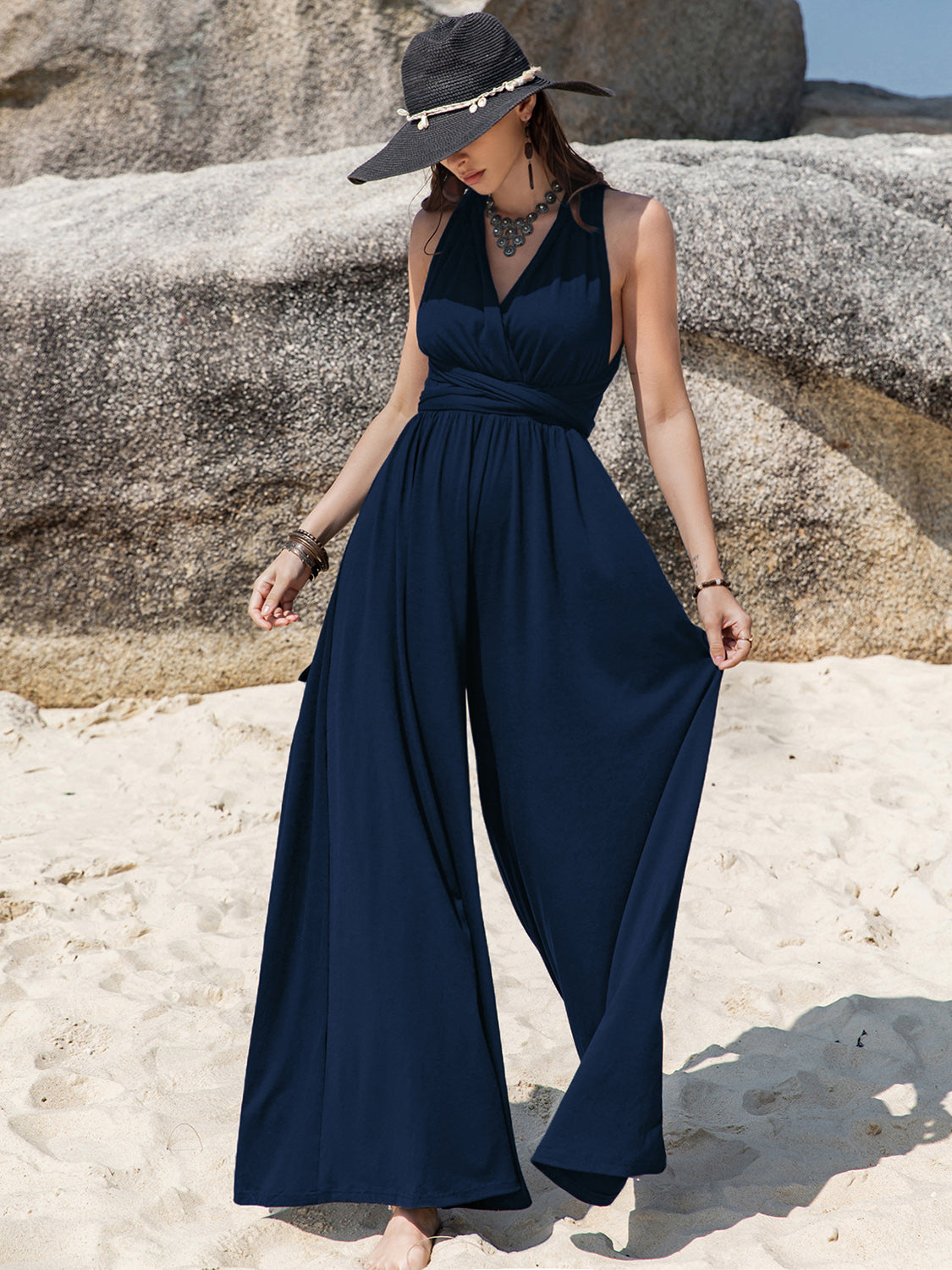 Surplice Wide Leg Jumpsuit with Free Tie Trendsi