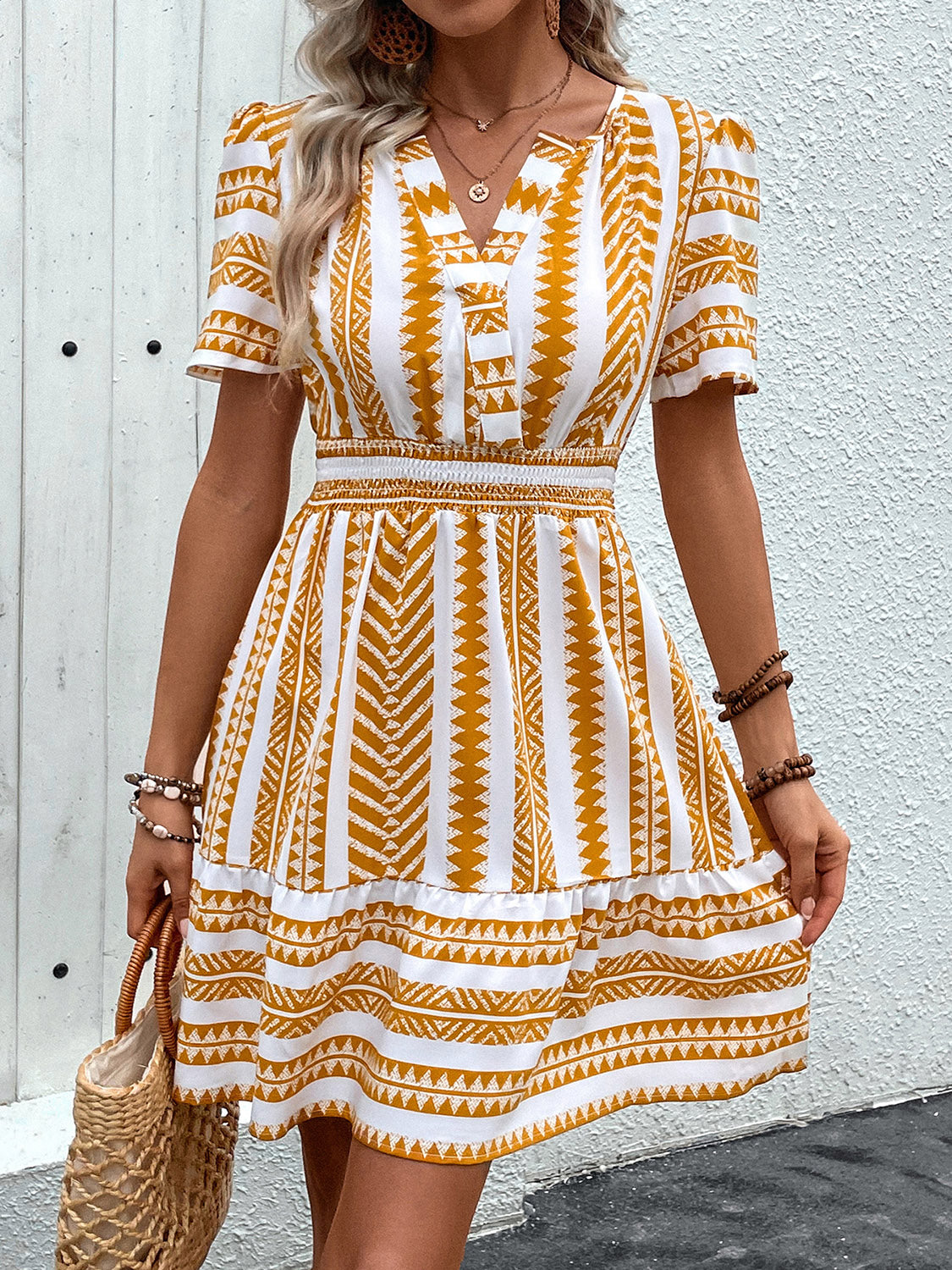 Perfee Geometric Notched Short Sleeve Mini Dress Trendsi