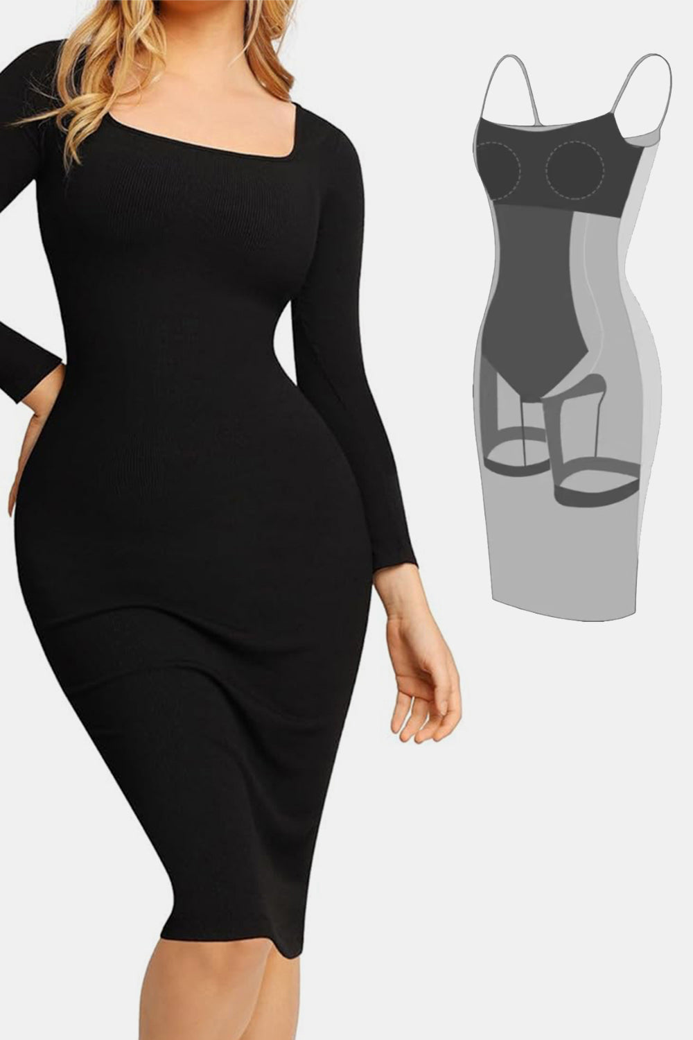 Basic Bae Full Size Built-In Shapewear Square Neck Long Sleeve Dress Trendsi