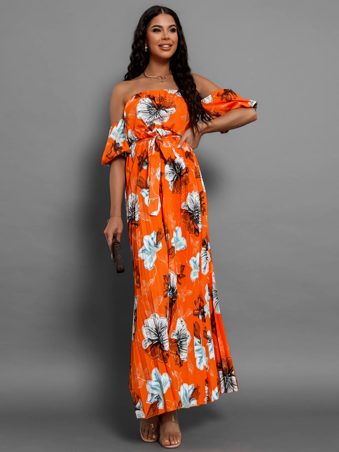 Pleated Floral Off-Shoulder Short Sleeve Midi Dress Trendsi