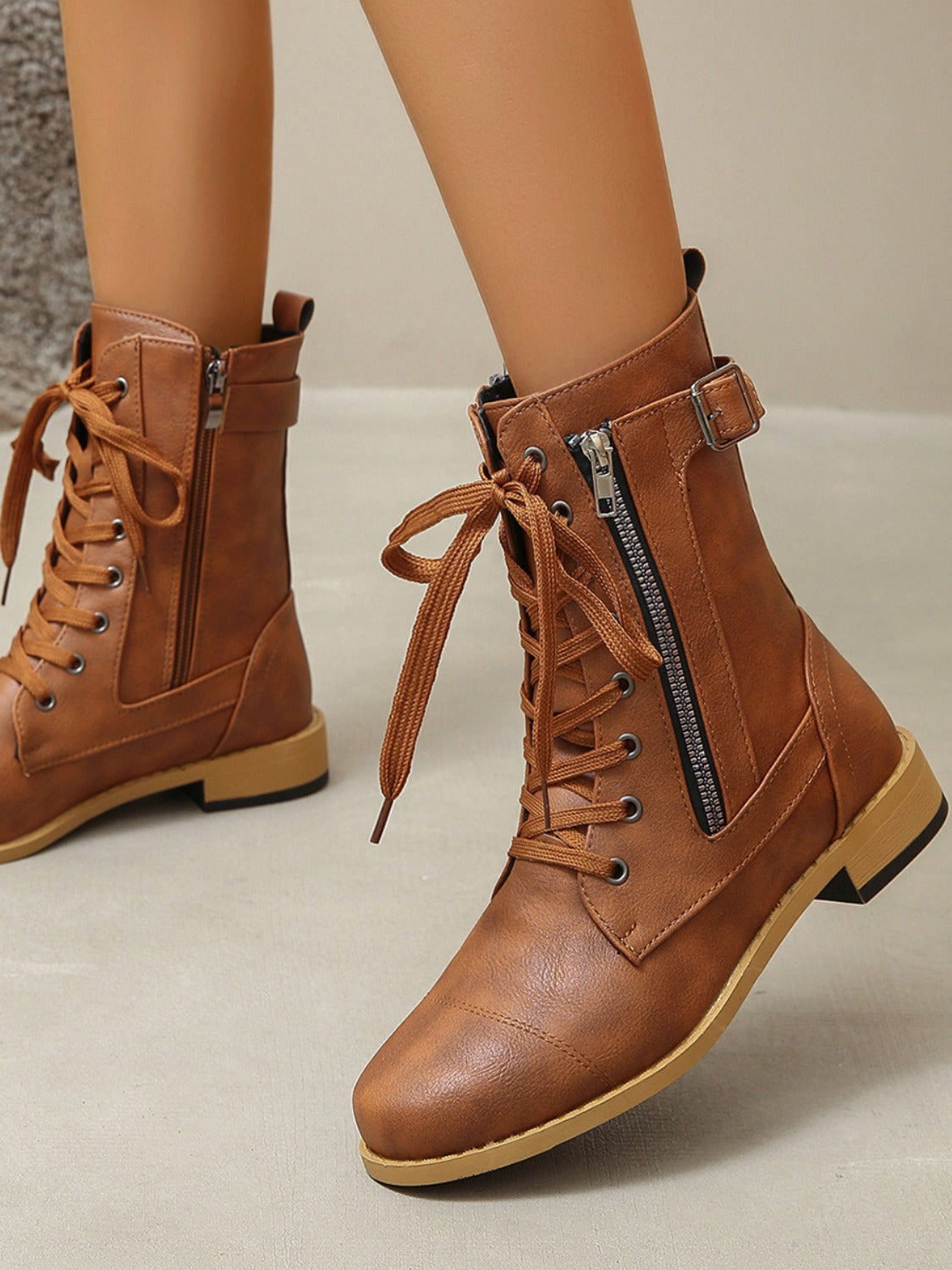 PU Leather Lace-Up Boots Trendsi