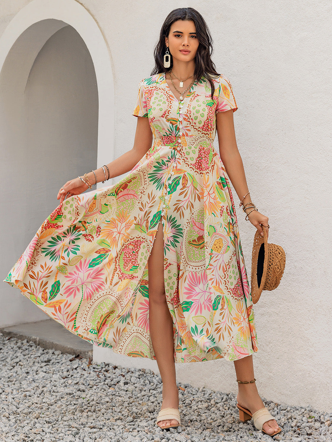 Printed V-Neck Short Sleeve Midi Dress Trendsi