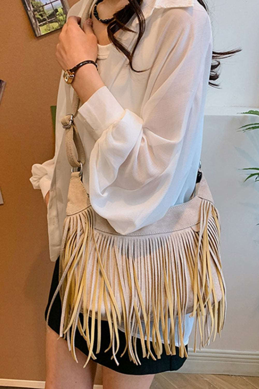 Suede Fringe Adjustable Strap Shoulder Bag Trendsi