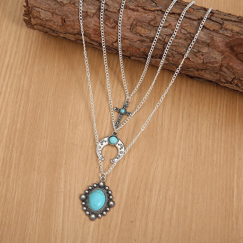 Artificial Turquoise Alloy Three-Layered Necklace Trendsi