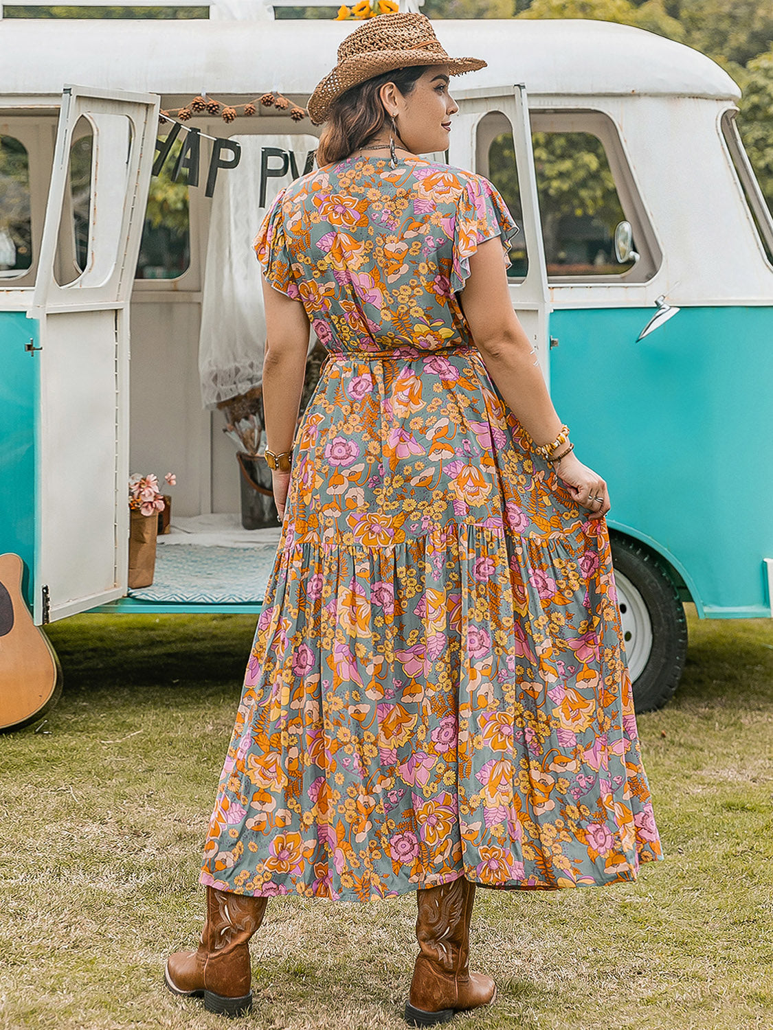 Plus Size Ruffled Printed Cap Sleeve Dress Trendsi