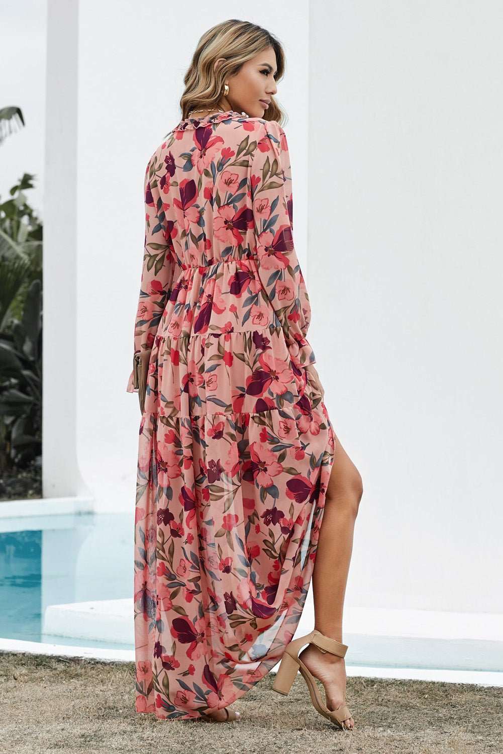 Floral Frill Trim Flounce Sleeve Plunge Maxi Dress - Freda Fashion