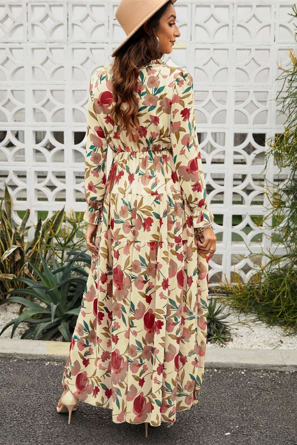 Floral Frill Trim Flounce Sleeve Plunge Maxi Dress - Freda Fashion