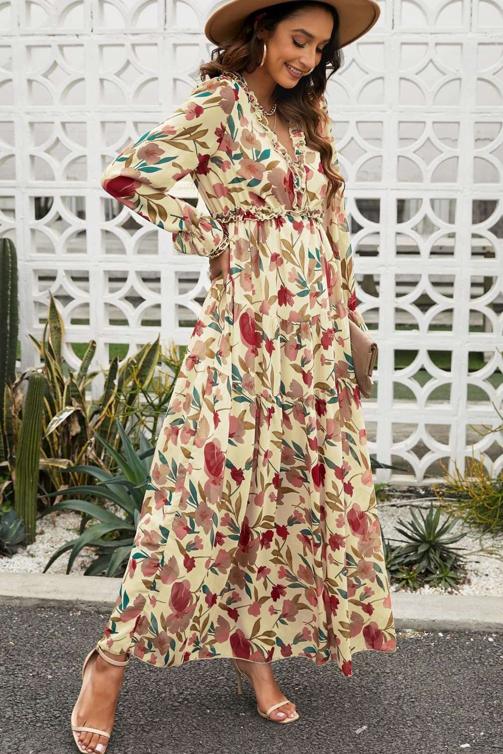 Floral Frill Trim Flounce Sleeve Plunge Maxi Dress - Freda Fashion