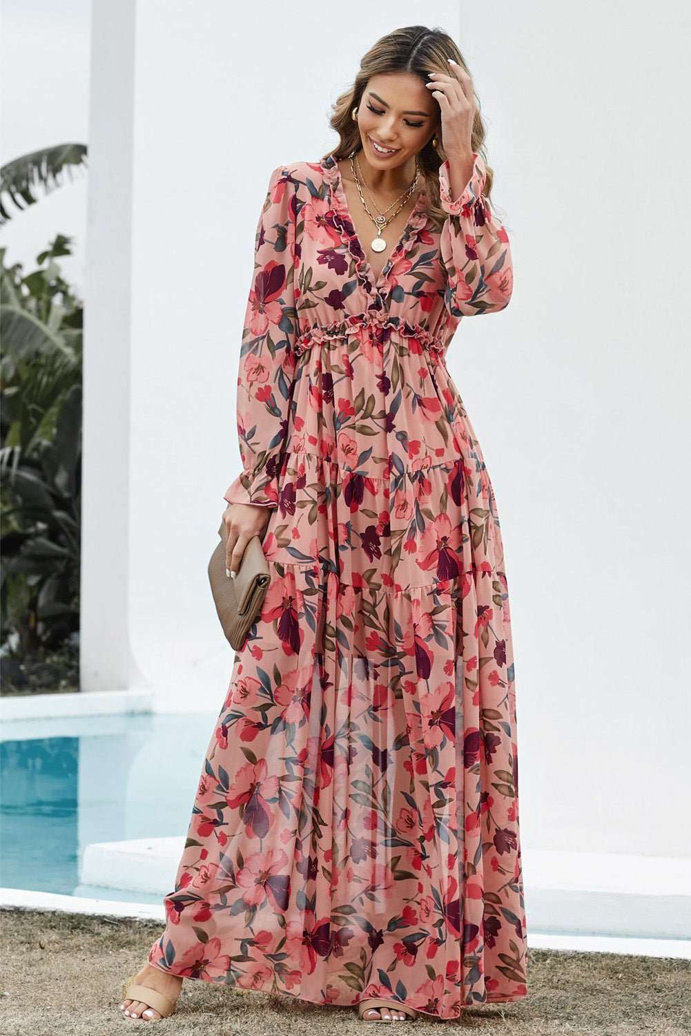 Floral Frill Trim Flounce Sleeve Plunge Maxi Dress - Freda Fashion