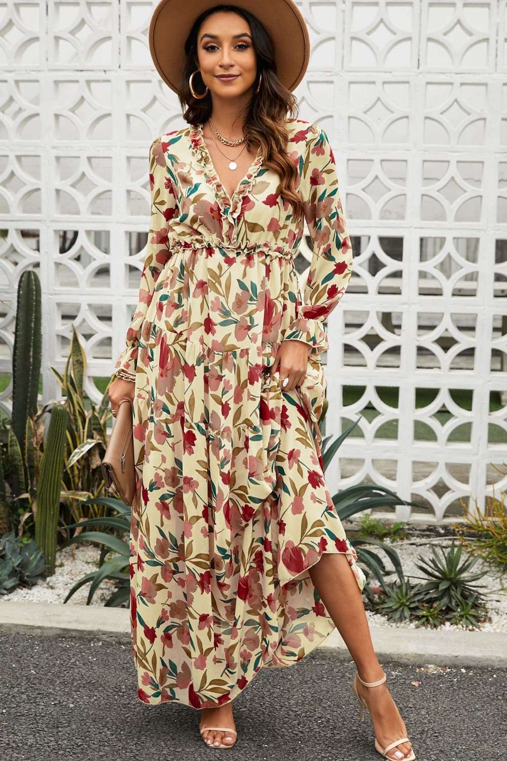 Floral Frill Trim Flounce Sleeve Plunge Maxi Dress - Freda Fashion