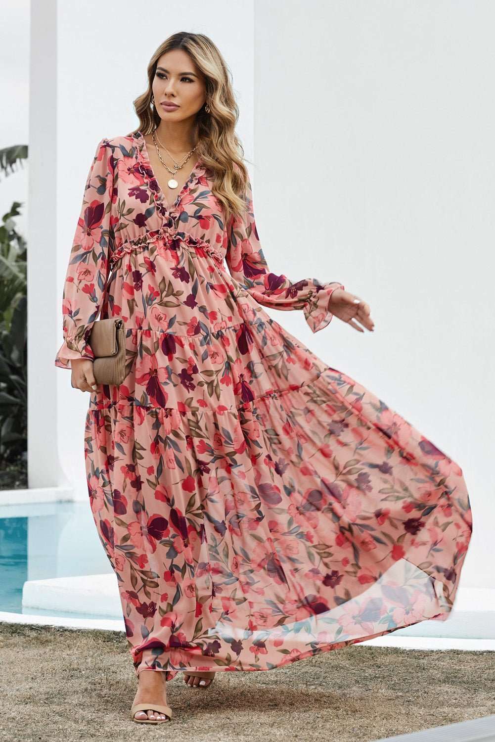 Floral Frill Trim Flounce Sleeve Plunge Maxi Dress - Freda Fashion