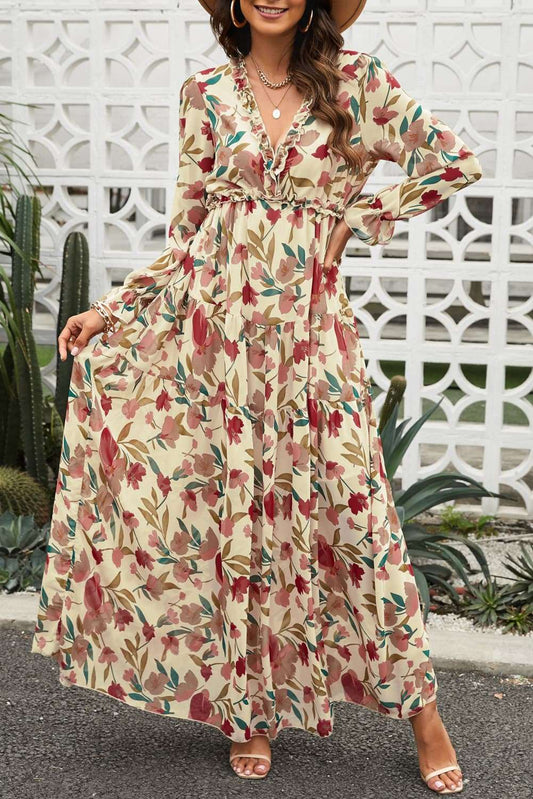 Floral Frill Trim Flounce Sleeve Plunge Maxi Dress - Freda Fashion