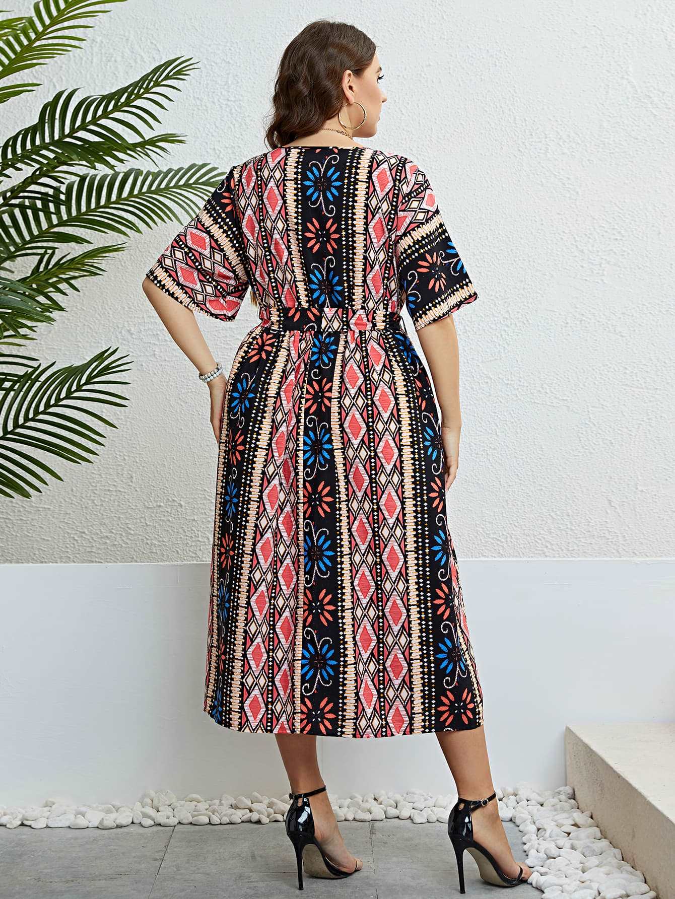 Honey Plus Size Bohemian V - Neck Tie Belt Midi Dress - Freda Fashion