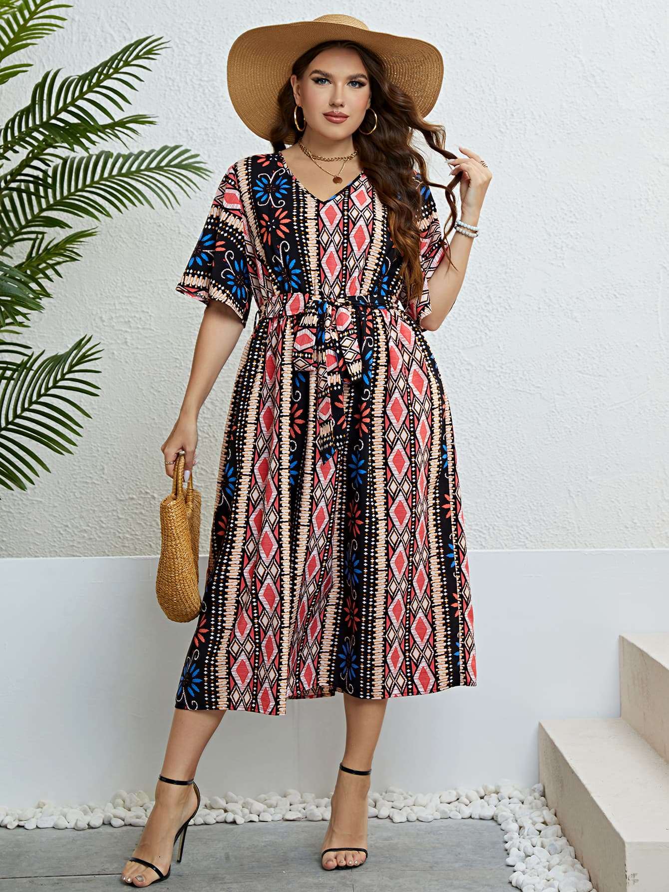 Honey Plus Size Bohemian V - Neck Tie Belt Midi Dress - Freda Fashion