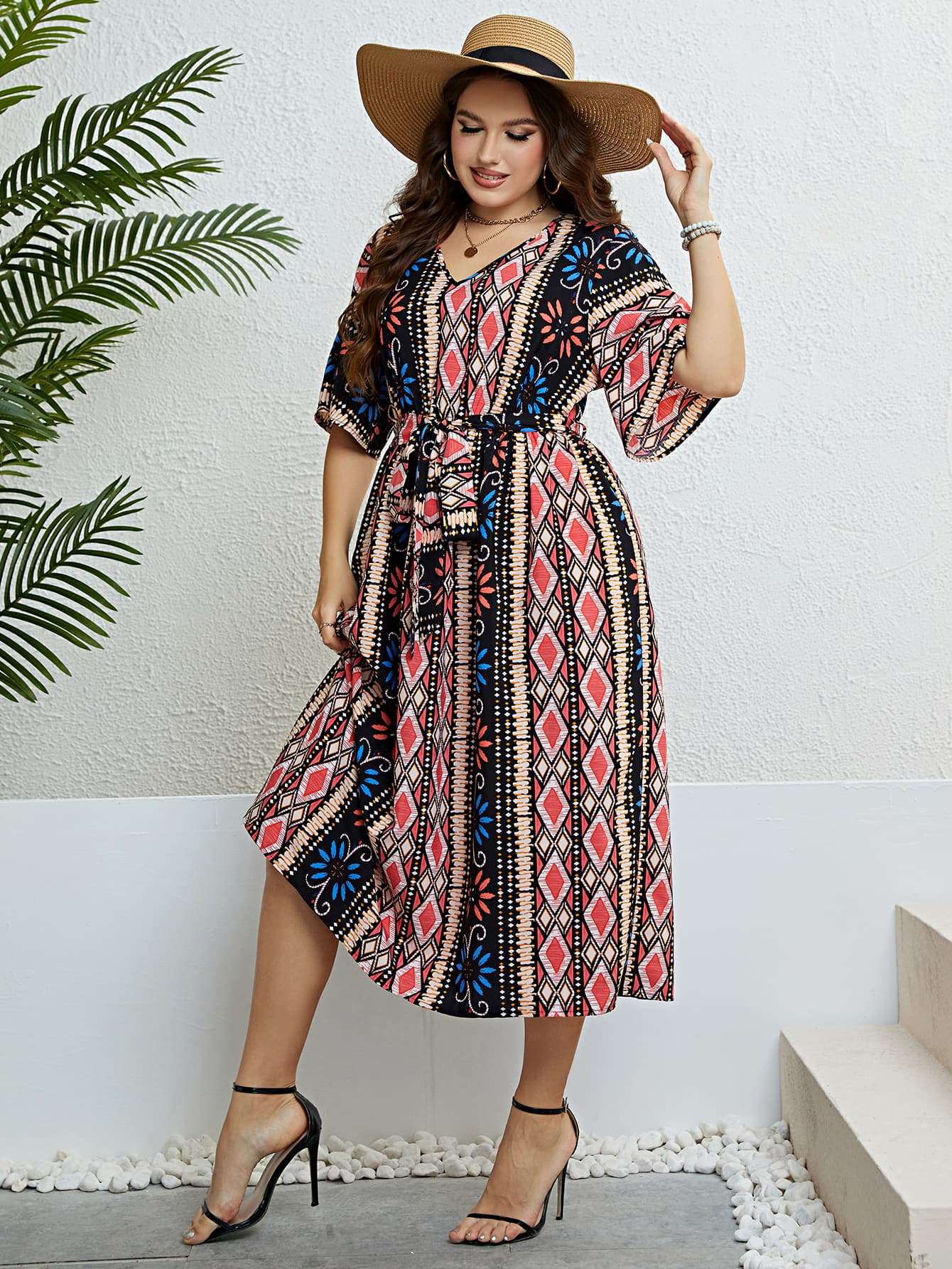 Honey Plus Size Bohemian V - Neck Tie Belt Midi Dress - Freda Fashion