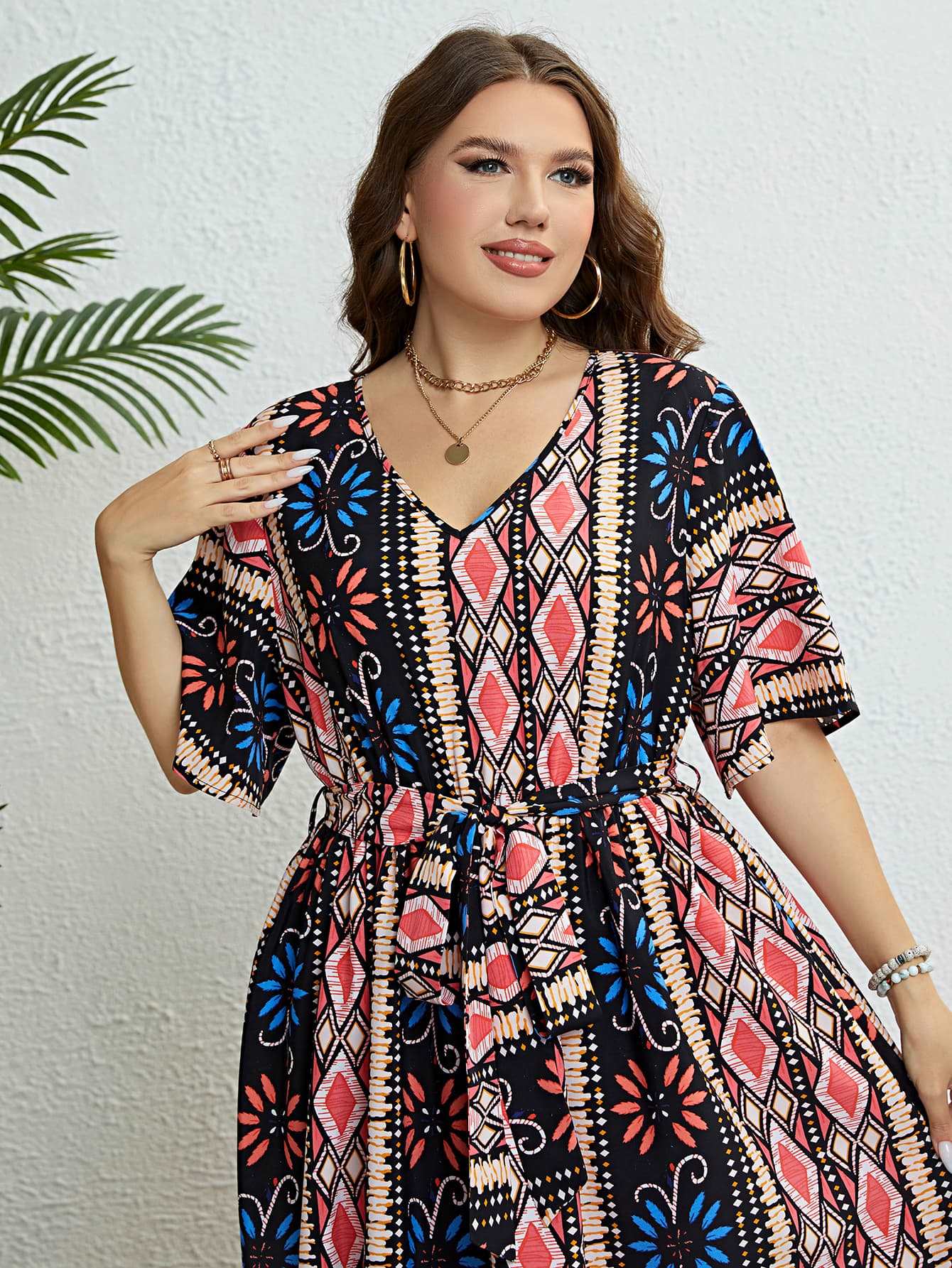 Honey Plus Size Bohemian V - Neck Tie Belt Midi Dress - Freda Fashion