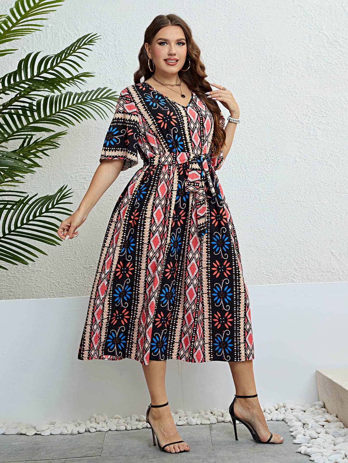 Honey Plus Size Bohemian V - Neck Tie Belt Midi Dress - Freda Fashion