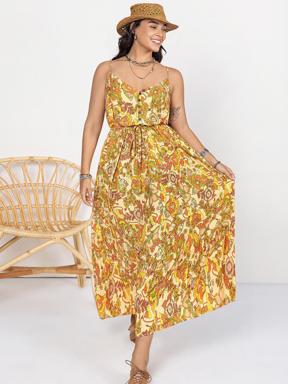 Plus Size Printed V - Neck Maxi Cami Dress - Freda Fashion