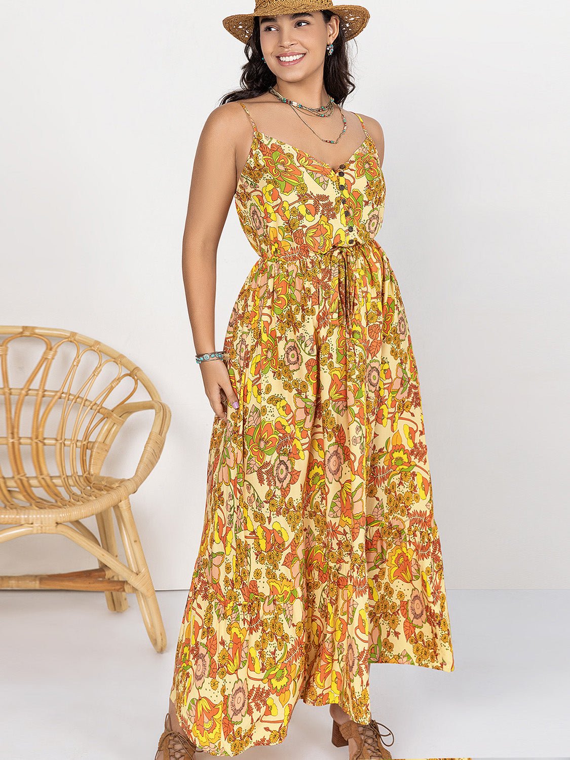 Plus Size Printed V - Neck Maxi Cami Dress - Freda Fashion