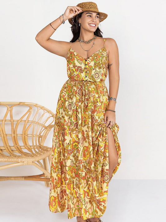 Plus Size Printed V - Neck Maxi Cami Dress - Freda Fashion