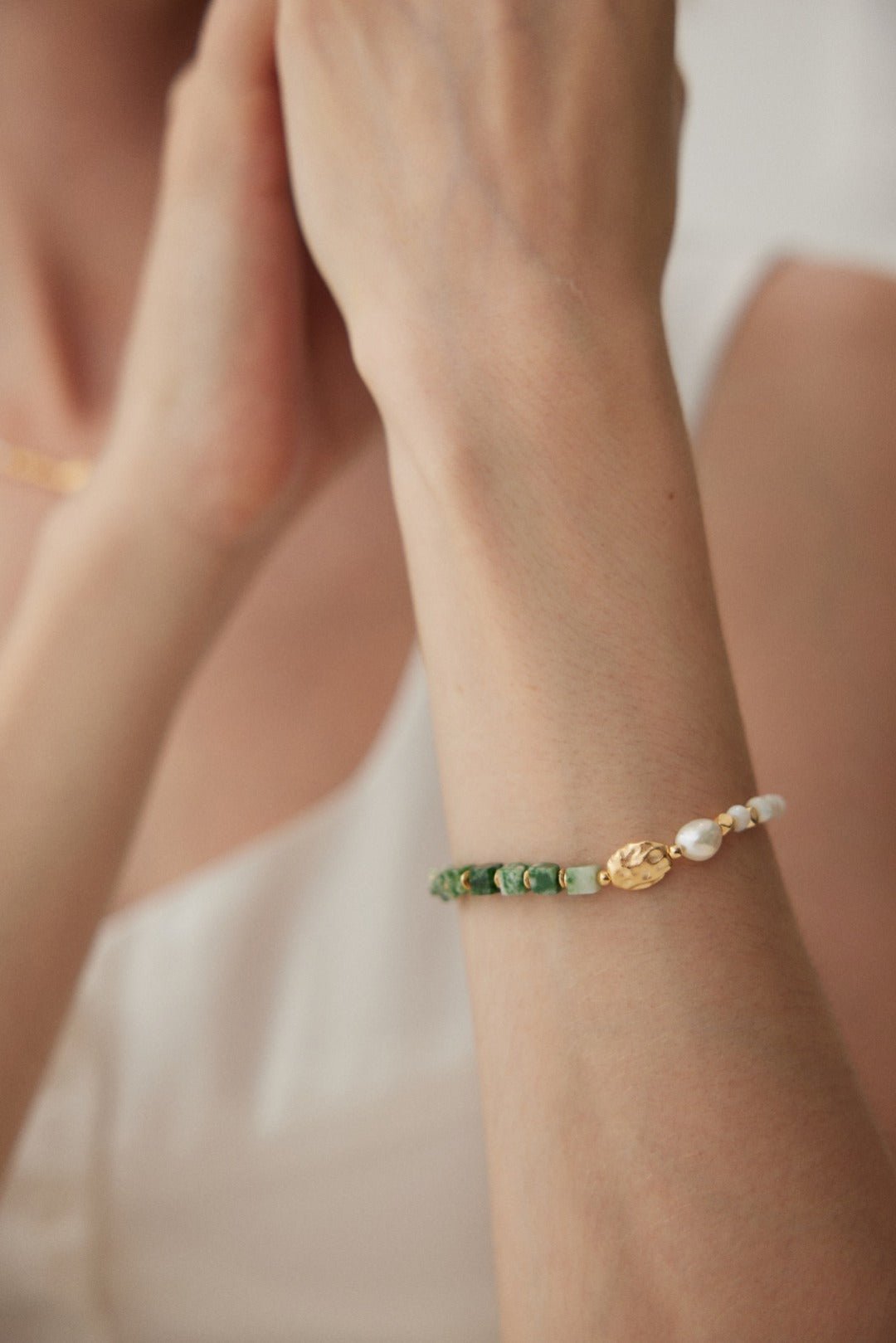 Whispering Jade Green Jade and Pearl Beaded Bracelet - GlamBee Fashion